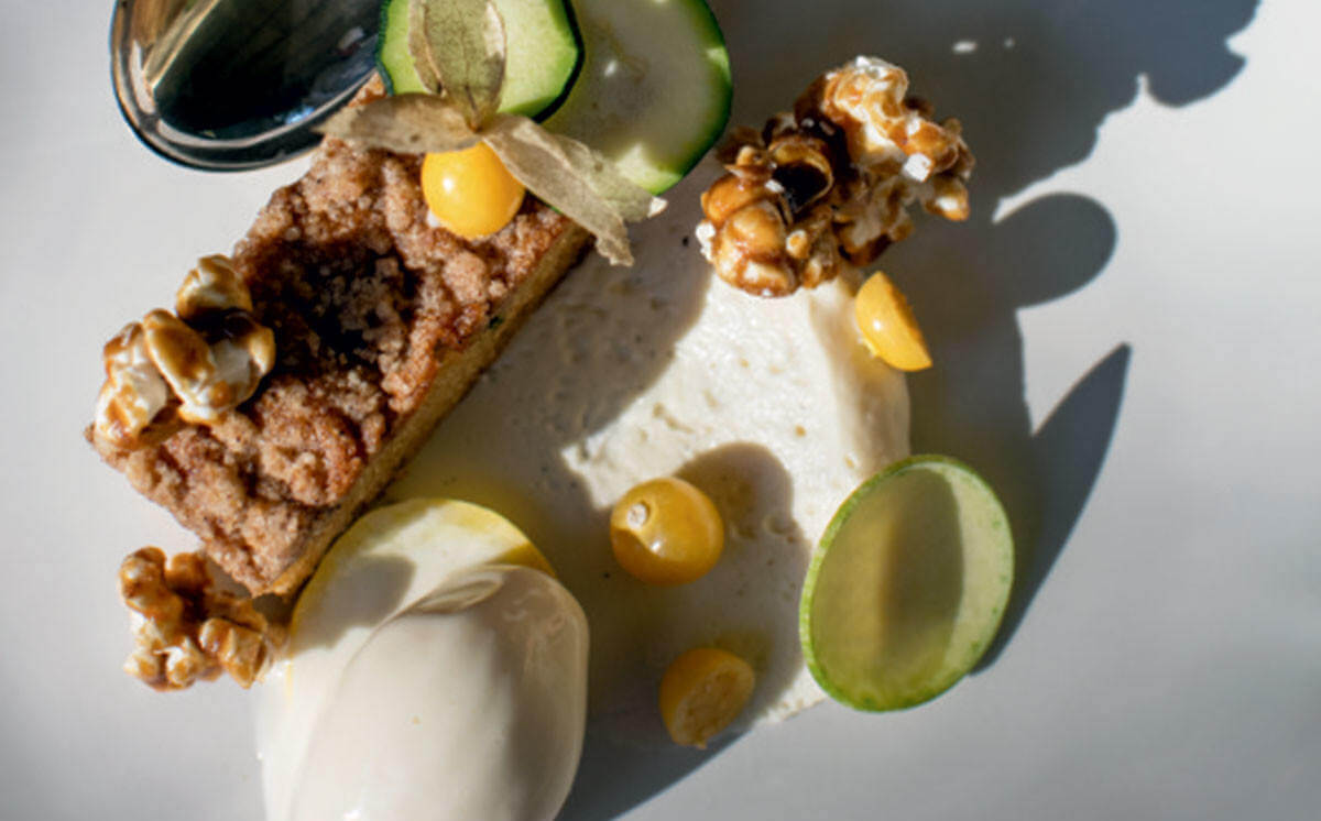 squash cake with sweet corn gelato