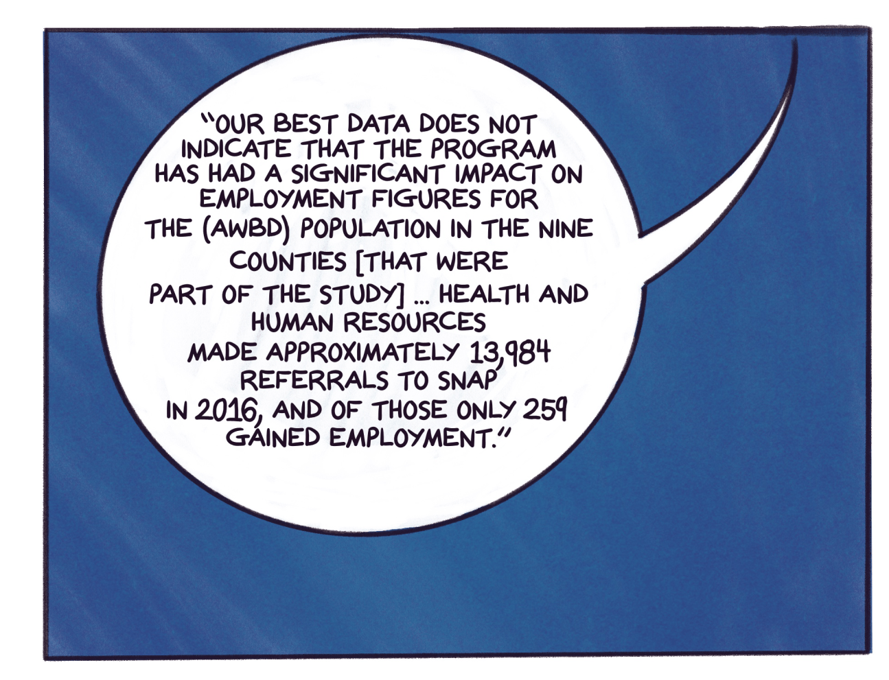 Comic panel shows a speech bubble with a quote from the report that reads: “Our best data does not indicate that the program has had a significant impact on employment figures for the (ABAWD) population in the nine counties [that were part of the study] ... Health and Human Resources made approximately 13,984 referrals to SNAP in 2016, and of those only 259 gained employment.”