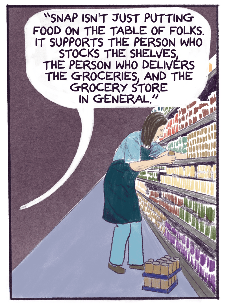 Comic shows grocery store worker stocking shelves with quote from DiSteffano that reads: 