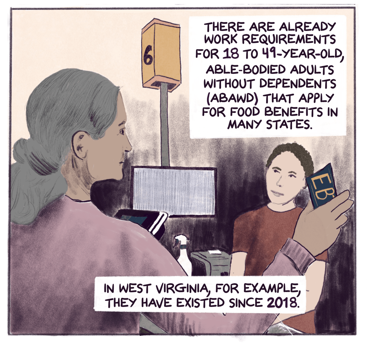 Comic panel shows a woman paying for groceries with text that reads: There are already work requirements for 18 to 49-year-old, Able-Bodied Adults Without Dependents (ABAWD) that apply for food benefits in many states. In West Virginia, for example, they have existed since 2018.