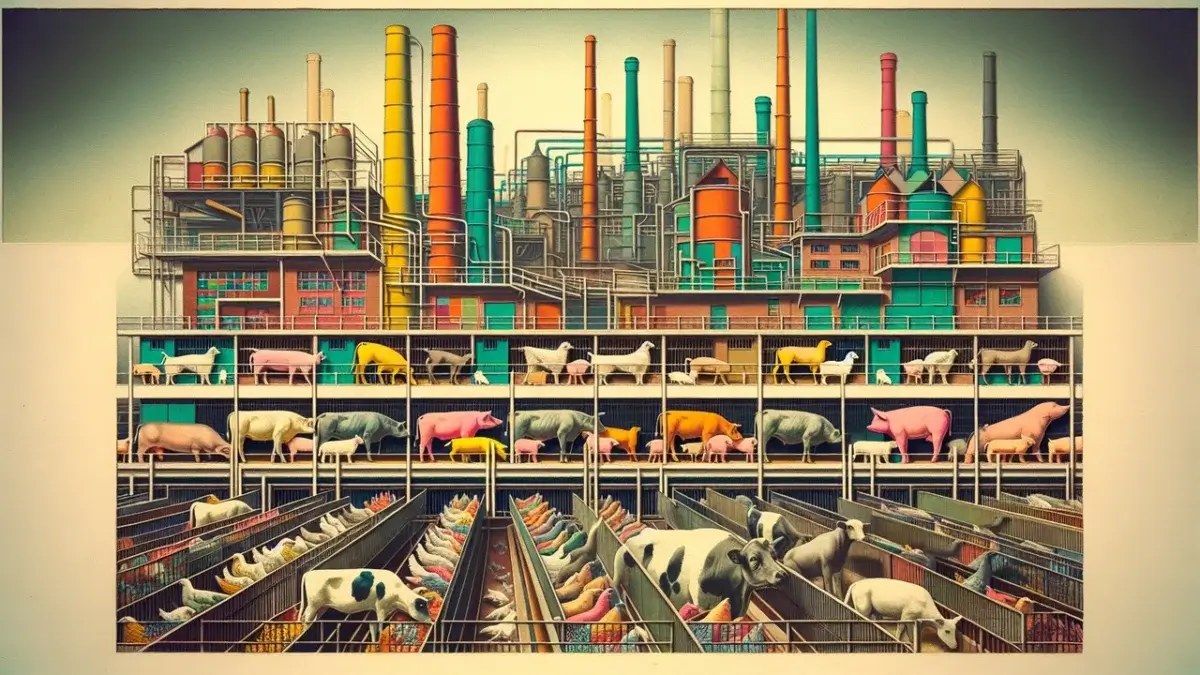 An AI-created illustration of factory farming.