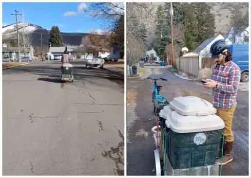 Left: Person bikes away from the camera. Right: The bike sits parked.