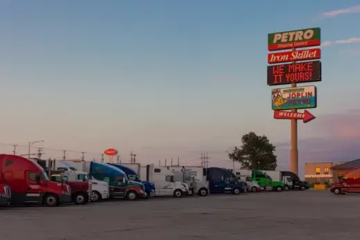 Trucks parked in a row.