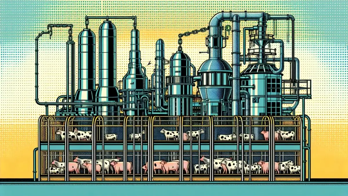 AI illustration of a factory farm.